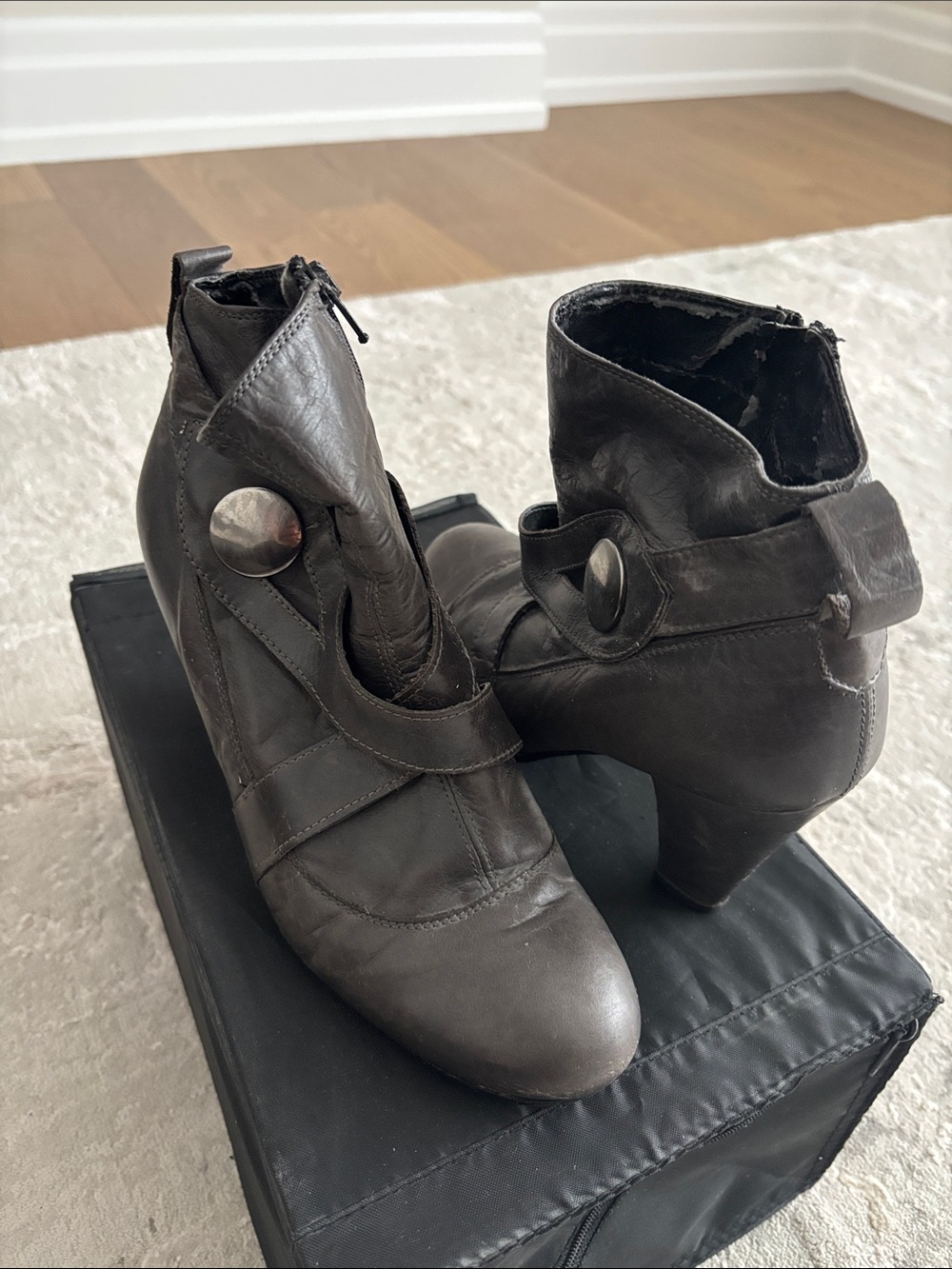 Women's Black Leather Ankle Booties with Side Zip